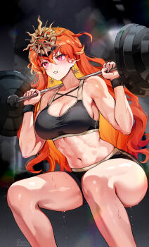 1girl alternate_costume augusta_(wuthering_waves) barbell bare_shoulders black_shorts black_sports_bra blush breasts cleavage collarbone colored_inner_hair commentary dripping earrings exercising feet_out_of_frame fingernails foxyreine hair_between_eyes headgear highres jewelry large_breasts long_hair looking_ahead multicolored_hair navel orange_hair parted_lips red_eyes shorts signature solo sports_bra squatting stomach sun_earrings sweat thighs toned v-shaped_eyebrows very_long_hair weightlifting wuthering_waves