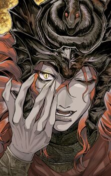 Rule 34 | 1boy, arm up, armor, chainmail, cloak, commentary, elden ring, elden ring: shadow of the erdtree, english commentary, eyelashes, fingernails, helmet, highres, long hair, looking at viewer, male focus, messmer the impaler, one eye closed, open mouth, portrait, red hair, sharp fingernails, slit pupils, snake, solo, suuukido1987, yellow eyes