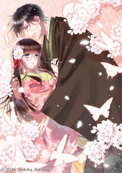 1boy 1girl artist_name black_hair black_kimono bug butterfly commentary_request couple dated flower glasses hair_flower hair_ornament highres insect izumi_(stardustalone) japanese_clothes kimono long_hair original pink_kimono