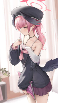 Rule 34 | 1girl, absurdres, aya san, bare shoulders, black hat, black wings, blue archive, book, bow, bowtie, commentary request, dress, feathered wings, hair ornament, hat, head wings, high-waist skirt, highres, holding, holding book, koharu (blue archive), long sleeves, looking down, looking to the side, low wings, pink bow, pink bowtie, pink hair, pleated skirt, short dress, short hair, skirt, solo, striped clothes, wing hair ornament, wings
