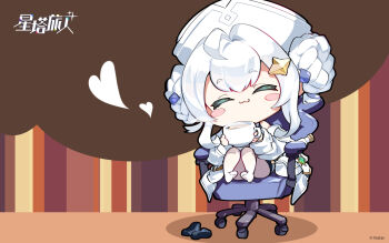 1girl :3 ^_^ ahoge bastelina_(stella_sora) black_shoes blush_stickers braid braided_hair_rings brown_background chair chibi chibi_only chinese_commentary closed_eyes coat commentary_request copyright_name copyright_notice cup double-parted_bangs full_body hair_intakes hair_rings happy hat heart highres holding holding_cup hot_chocolate off_shoulder official_art on_chair open_clothes open_coat pantyhose shoes short_eyebrows short_hair_with_long_locks sidelocks sitting solo stella_sora unworn_shoes white_coat white_hat white_pantyhose wrist_cuffs