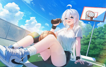 1girl absurdres ahoge arm_support ball basketball_(object) basketball_hoop blue_eyes blue_sky bottle breasts chain-link_fence collarbone fence full_body highres holding holding_bottle knee_pads knees_up leehong_studio long_hair medium_breasts open_mouth original shirt shirt_tucked_in shoes short_shorts short_sleeves shorts single_knee_pad sky sneakers socks sweat thighs wet wet_clothes wet_shirt white_hair white_shirt white_socks wristband