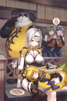 1other 4girls animal_ears architecture armlet bare_shoulders black_gloves black_shorts black_thighhighs blonde_hair bow breasts closed_eyes closed_mouth commentary cup east_asian_architecture elbow_gloves fingerless_gloves food furry furry_male gloves grey_hair hair_intakes hair_ornament heart high-waist_shorts highres holding holding_cup jacket jewelry ju_fufu kfr lap_pillow large_breasts long_hair looking_at_another looking_down mole mole_on_breast multiple_girls own_hands_clasped own_hands_together pan_yinhu parted_lips purple_bow shirt shorts sidelocks single_elbow_glove single_hair_intake single_thighhigh sitting sleeping smile spoken_emoji symbol-only_commentary tail tail_bow tail_ornament thigh_strap thighhighs thighs white_shirt yellow_eyes yellow_jacket yellow_shirt yixuan_(zenless_zone_zero) zenless_zone_zero