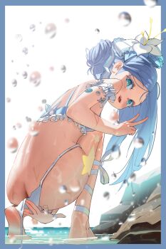 1girl @_@ absurdres armband ass barefoot bikini black_survival blue_border blue_eyes blue_hair blush border butt_crack commentary embarrassed eternal_return:_black_survival flower frilled_armband frills full_body hair_bun hair_flower hair_ornament hand_on_own_ass hand_up highres long_hair looking_at_viewer looking_back mismatched_bikini nervous_smile open_mouth outside_border side-tie_bikini_bottom siopon12 smile solo squatting swimsuit tearing_up v vanya_(black_survival) wading wardrobe_malfunction water_drop white_background white_flower