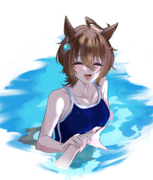 Rule 34 | 1girl, agnes tachyon (umamusume), ahoge, animal ears, bare shoulders, blue one-piece swimsuit, blush, breasts, brown hair, chemical structure, closed eyes, collarbone, ear ornament, earrings, holding hands, horse ears, horse girl, jewelry, medium breasts, one-piece swimsuit, partially submerged, short hair, single earring, solo, swimsuit, umamusume, user xkcn4853, wet