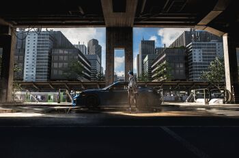 1girl absurdres animal_ear_fluff animal_ears antennae arknights bird black_hair black_pantyhose black_shirt blue_car blue_sky brown_eyes building bush cable car city cityscape cloud cloudy_sky coat day escalator fur-trimmed_hood fur-trimmed_jacket fur-trimmed_sleeves fur_trim glass gloves hair_between_eyes halftone highres hood id_card industrial_pipe jacket lit_for_20 long_hair long_sleeves motor_vehicle multicolored_hair official_alternate_costume open_clothes outdoors overpass pantyhose perspective porsche profile puddle railroad_signal railroad_tracks red_gloves red_hair reflection reflective_liquid road satellite scenery shade shadow shirt shoes short_shorts shorts shoulder_strap sign sky skyscraper solo spoiler_(automobile) standing tail texas_(arknights) texas_(winter_messenger)_(arknights) train trash_can tree water white_jacket white_shoes wide_shot window winter_clothes winter_coat wolf_ears wolf_girl wolf_tail