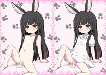 1girl after_vaginal aftersex animal_ears barefoot black_hair brown_eyes censored commentary_request commission cum cum_in_pussy cumdrip dress flat_chest knee_up loli long_hair multiple_views navel nekono_rin nipples nude original pussy rabbit_ears sitting skeb_commission smile spread_legs white_dress