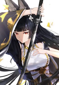 1girl absurdres animal_ear_fluff animal_ears arm_up bare_shoulders black_dress black_hair breasts commentary_request dress falling_leaves fox_ears fox_girl hand_up highres holding holding_sword holding_weapon hoshimi_miyabi hoshimi_miyabi_(dignified_blossom) japanese_clothes katana leaf long_hair looking_at_viewer medium_breasts official_alternate_costume okuquiq parted_lips red_eyes simple_background solo sword two-tone_dress upper_body weapon white_background white_dress wide_sleeves zenless_zone_zero