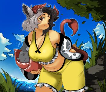1girl animal_ears animal_print belly black_hair blue_sky blush_stickers breasts cleavage cloud cow_ears cow_girl cow_horns cow_print cow_tail cowboy_shot crop_top frills haori highres horns japanese_clothes kagaya_(oshiriudon) large_breasts looking_at_viewer midriff multicolored_hair navel outdoors plump print_haori red_eyes red_horns red_tail shirt short_hair shorts sky smile solo tail touhou two-tone_hair ushizaki_urumi white_hair yellow_shirt yellow_shorts