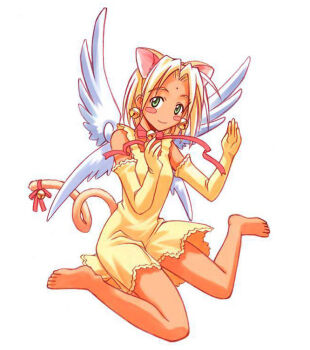 1girl akamatsu_ken angel angel_wings animal_ears barefoot bell bindi blonde_hair blush_stickers cat_ears cat_tail dark-skinned_female dark_skin earrings elbow_gloves female_focus gloves green_eyes jewelry jingle_bell jpeg_artifacts kaolla_su love_hina ribbon skirt solo tail wings yellow_skirt