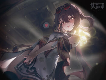 1girl absurdres blush breasts brown_hair brown_scarf china_dress chinese_clothes commentary_request dress eye_pov eyewear_on_head flower-shaped_pupils from_below genshin_impact hair_rings highres hu_tao_(cherries_snow-laden)_(genshin_impact) hu_tao_(genshin_impact) light_particles looking_at_viewer medium_breasts no_pants official_alternate_costume red-tinted_eyewear red_eyes round_eyewear scarf solo sushispin symbol-shaped_pupils tinted_eyewear tongue tongue_out white_dress