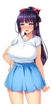 1girl blue_skirt blunt_bangs blush bow breasts casual collarbone cowboy_shot game_cg hair_bow half-closed_eyes hand_on_own_hip high-waist_skirt high_ponytail huge_breasts kisaragi_nozomi large_variant_set long_hair looking_at_viewer mole non-web_source nose_blush official_art open_mouth pleated_skirt ponytail purple_eyes purple_hair satou_kuuki shinsou_seiki_elementia shirt shirt_tucked_in short_sleeves sidelocks skirt solo standing transparent_background variant_set white_shirt