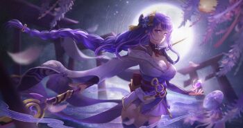 2girls asymmetrical_sleeves blunt_bangs braid breasts bridal_gauntlets cleavage commentary crescent engulfing_lightning_(genshin_impact) floating flower genshin_impact hair_ornament hair_ribbon highres holding holding_polearm holding_weapon huge_breasts japanese_clothes kimono lingerie long_braid looking_at_viewer looking_to_the_side makoto_(genshin_impact) manyu_chapaofan mitsudomoe_(shape) mole mole_under_eye moonlight multiple_girls night off_shoulder outdoors polearm purple_background purple_eyes purple_hair purple_kimono purple_thighhighs raiden_shogun red_sash ribbon sash seed shade siblings single_braid sisters solo_focus standing thighhighs thighs tomoe_(symbol) twins underwear uneven_sleeves weapon wide_sleeves wisteria