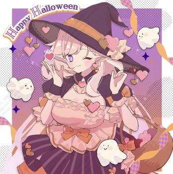 1girl basket breasts commentary_request diamond-shaped_pupils diamond_(shape) dress elf elysia_(herrscher_of_human:_ego)_(honkai_impact) elysia_(honkai_impact) ghost happy_halloween hat heart highres honkai_(series) honkai_impact_3rd kanaria_(mint_tea1256) large_breasts long_hair looking_at_viewer pink_hair pointy_ears purple_dress purple_eyes purple_sky sky smile solo symbol-shaped_pupils very_long_hair witch_hat