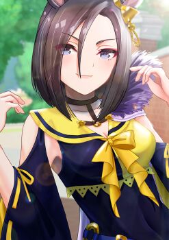 Rule 34 | 1girl, air groove (empress road) (umamusume), air groove (umamusume), animal ears, black shirt, blue eyes, blush, bow, breasts, brown hair, closed mouth, collarbone, commentary request, ear bow, ear chain, hair between eyes, horse ears, horse girl, linked piercing, looking at viewer, medium breasts, otono (bkt4b), outdoors, piercing, sailor collar, shirt, short hair, side cape, smile, solo, umamusume, yellow bow, yellow sailor collar, yellow shirt