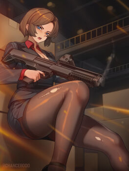 1girl absurdres artist_name blue_eyes breasts brown_hair bullpup chance8000 cleavage commentary commission english_commentary firing gun highres kel-tec_ksg office_lady original pantyhose pencil_skirt pump-action_shotgun pump_action shotgun skirt smoke smoking_barrel taking_cover thighband_pantyhose torn_clothes torn_pantyhose weapon