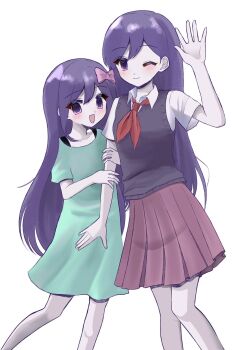 2girls arm_up aubrey_(headspace)_(omori) aubrey_(omori) black_sweater_vest blue_shirt blush bow bra_strap closed_mouth collared_shirt colored_skin commentary_request double-parted_bangs hair_between_eyes hair_bow hands_on_another&#039;s_arm highres long_hair long_shirt mari_(headspace)_(omori) mari_(omori) multiple_girls neckerchief omori one_eye_closed open_mouth pink_bow pleated_skirt purple_eyes purple_hair red_neckerchief red_skirt shirt simple_background skirt smile sweater_vest t-shirt true_erg white_background white_shirt white_skin