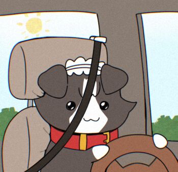 :3 animal_collar bibi_biscuit bibi_biscuit_(dog) collar dog driving h@nk holding no_humans phase_connect red_collar seatbelt steering_wheel sun virtual_youtuber