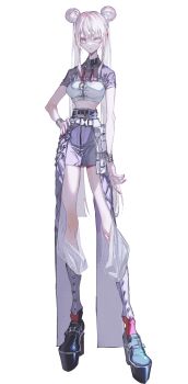 1girl absurdres belt breasts crop_top crymachina double_bun expressionless fingernails full_body hair_bun highres leben_distel_(crymachina) long_fingernails long_hair medium_breasts miniskirt official_art platform_shoes rolua shoes skirt solo transparent_background twintails very_long_hair white_eyes white_hair