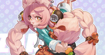 1girl absurdres ahoge animal_ear_fluff animal_ear_piercing animal_ears blush braid bright_pupils commentary_request furry furry_female hair_ornament highres long_hair looking_at_viewer open_mouth original pink_fur pink_hair rabbit_ears rabbit_girl red_eyes shirt short_eyebrows solo thick_eyebrows twin_braids user_jwkz8373 white_pupils zenless_zone_zero zhao_(zenless_zone_zero)