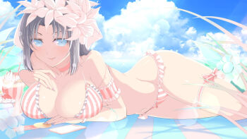1girl beach_towel bikini blue_eyes bow breast_press breasts cellphone choker cleavage cloud day flower food game_cg grey_hair groin hair_bow hair_flower hair_ornament ice_cream jewelry large_breasts leg_ribbon looking_at_viewer lying medium_hair navel ocean official_art on_side outdoors phone pink_bikini pink_choker pink_ribbon plant ribbon ring seductive_smile senran_kagura senran_kagura_new_wave smartphone smile solo striped_bikini striped_clothes swimsuit thigh_ribbon third-party_source towel vertical-striped_bikini vertical-striped_clothes white_bow yumi_(senran_kagura)