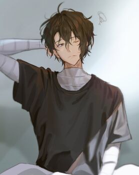Rule 34 | 1boy, arm up, arms behind head, bandaged arm, bandaged chest, bandaged neck, bandages, black shirt, brown eyes, brown hair, bungou stray dogs, closed mouth, commentary, dazai osamu (bungou stray dogs), male focus, messy hair, one eye closed, pigon, shirt, sitting, solo, squiggle, untranslatable commentary, waking up