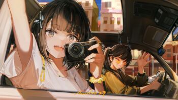 Rule 34 | 2girls, absurdres, alternate costume, arknights, arknights: endfield, arm up, artist name, black hair, brown eyes, building, camera, car interior, chen qianyu (arknights), chinese commentary, commentary request, day, dragon girl, dragon horns, endministrator (arknights), female endministrator (arknights), hand up, highres, holding, holding camera, horns, looking at viewer, moloo27, multiple girls, one eye closed, orange-tinted eyewear, outdoors, revision, round eyewear, scrunchie, shirt, signature, t-shirt, tinted eyewear, waving hands, white shirt, wrist scrunchie, yellow scrunchie
