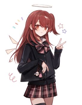 1girl arknights bag black_cardigan black_thighhighs blush bow bowtie brown_bow brown_bowtie brown_hair brown_skirt buttons cardigan charm_(object) chinese_commentary closed_mouth commentary_request cowboy_shot crisa940 detached_wings exusiai_(arknights) halo handbag highres long_hair long_sleeves looking_at_viewer miniskirt notice_lines one_side_up orange_eyes plaid_bow plaid_bowtie plaid_clothes plaid_skirt pleated_skirt school_uniform simple_background skirt smile solo standing star_(symbol) thighhighs traditional_halo v white_background white_halo wings