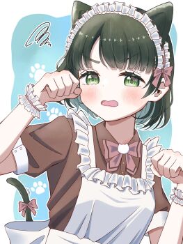 1girl animal_ears blue_background blue_eyes blush border bow bowtie brown_dress cat_brooch cat_ears commentary dress embarrassed green_eyes green_hair highres link!_like!_love_live! looking_at_viewer love_live! maid maid_headdress momose_ginko nyan_nyan_nyan_fair_in_gamers official_alternate_costume okome_(okome_l_l) open_mouth outside_border paw_pose paw_print paw_print_background peanut_mouth pink_bow pink_bowtie short_hair short_sleeves simple_background solo squiggle v-shaped_eyebrows virtual_youtuber white_border