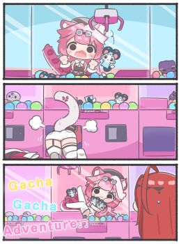 &gt;_&lt; 2girls :3 ^_^ absurdres against_glass ahoge animal_ears ass beret blush_stickers chattino_(raora_panthera) closed_eyes commentary crane_game elizabeth_rose_bloodflame english_commentary fangs goggles goggles_on_head hat highres hololive hololive_english jacket long_hair mpien multicolored_hair multiple_girls open_mouth panther_ears panther_girl panther_tail pebble_(koseki_bijou) pink_hair raora_panthera raora_panthera_(1st_costume) red_hair shorts streaked_hair tail takodachi_(ninomae_ina&#039;nis) unworn_jacket virtual_youtuber white_hair