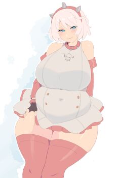1girl absurdres blue_eyes breasts covered_navel curvy deep_skin elphelt_valentine female_focus fingerless_gloves gloves guilty_gear guilty_gear_strive highres huge_breasts looking_at_viewer napolitane plump short_hair solo thick_thighs thighhighs thighs white_hair wide_hips