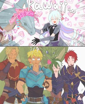 !? 5boys armor belt black_gloves blonde_hair bow commentary cone_hair_bun cormag_(fire_emblem) dragon drill_hair facial_scar fingerless_gloves fire_emblem fire_emblem_heroes flower glen_(fire_emblem) gloves green_hair hair_bun hand_on_another's_shoulder hand_on_own_hip heart heart_background heath_(fire_emblem) highres multiple_boys nintendo pink_bow pink_flower pink_rose pointing red_hair rosado_(fire_emblem) rose sasaki_(dkenpisss) scar scar_on_cheek scar_on_face symbol-only_commentary wyvern zeiss_(fire_emblem)