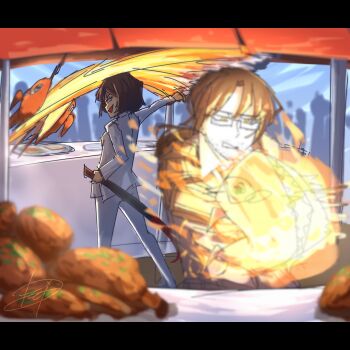 Rule 34 | 1boy, 1girl, absurdres, amputee, animal, beard stubble, belt, bird, black-framed eyewear, black-framed glasses, black background, black belt, black hair, black vest, blunt bangs, blunt ends, blurry, blurry foreground, bongy (project moon), brown hair, buckle, chicken, chicken (food), chives, cigarette, collared shirt, creature, depth of field, facial hair, female focus, fighting, fighting stance, fire, food, formal clothes, from behind, glasses, glowing, gregor (project moon), hair between eyes, half-closed eyes, highres, holding, holding animal, holding sheath, holding sword, holding weapon, jacket, joints, katana, limbus company, liu association south uniform, long hair, long sleeves, looking ahead, looking at animal, looking down, low ponytail, mechanical arms, monster, motion blur, mouth hold, necktie, open mouth, orange fire, pants, parted bangs, photoshop (medium), plate, ponytail, project moon, prosthesis, prosthetic arm, pyrokinesis, red eyes, red fire, red necktie, red umbrella, ryoshu (project moon), semi-rimless eyewear, sharp teeth, sheath, shirt, short hair, signature, simple background, single mechanical arm, sketch, smile, standing, stubble, suit, sword, table, teeth, umbrella, under-rim eyewear, vest, weapon, white jacket, white pants, white shirt, yellow eyes, yellow fire