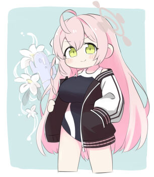 1girl ahoge black_jacket black_one-piece_swimsuit blue_archive blue_background blush_stickers border breasts chibi closed_mouth cropped_legs floral_background flower green_eyes hair_between_eyes halo hanako_(blue_archive) hand_in_pocket haniwa_(statue) jacket large_breasts letterman_jacket long_hair long_sleeves miranofuudoria one-piece_swimsuit open_clothes open_jacket pink_hair puffy_long_sleeves puffy_sleeves smile solo standing swimsuit swimsuit_under_clothes very_long_hair white_border white_flower