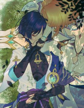 1boy 1girl absurdres amano_hotaru_(hotaama) anemo_symbol_(genshin_impact) aqua_gemstone arm_at_side arm_cutout arm_support belt black_bodysuit black_bridal_gauntlets black_gloves black_hair black_shorts black_thighhighs blonde_hair blue_feathers blue_kimono blue_sleeves blue_trim blunt_ends blurry blush bodysuit bow breasts bridal_gauntlets cape choppy_bangs closed_eyes clothing_cutout covered_collarbone depth_of_field detached_sleeves dress eyelashes eyeliner eyeshadow facing_another falling_leaves feathers fingernails from_above furisode gem genshin_impact gloves glowing_gem gold gold_ring grass hair_intakes halterneck hand_on_own_stomach hetero highres holding_hands japanese_clothes juban kimono lap_pillow large_breasts layered_sleeves leaf lumine_(genshin_impact) lying makeup middle_ring on_back on_grass open_clothes open_hand open_kimono parted_bangs partially_fingerless_gloves purple_belt purple_bow purple_cape purple_hair purple_rope purple_sash purple_trim red_eyeliner red_eyeshadow rope sash scaramouche_(genshin_impact) scarf short_hair short_hair_with_long_locks short_sleeves shorts shoulder_peek sidelocks sitting thighhighs wanderer_(genshin_impact) white_dress white_kimono white_scarf white_sleeves white_trim yellow_feathers