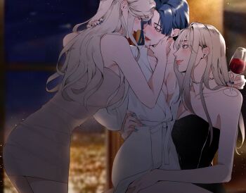 Rule 34 | 3girls, after kiss, alcohol, bare arms, black dress, blonde hair, blue nails, blush, borrowed character, breasts, cleavage, cup, dress, drink, drinking glass, girl sandwich, grey dress, grey eyes, hand on another's waist, highres, holding, holding drink, long hair, multiple girls, neck tattoo, night, original, parted lips, red wine, saliva, saliva trail, sandwiched, shimaidon (sex), siblings, sisters, sitting, sitting on lap, sitting on person, smile, star (sky), strapless, strapless dress, sweetandsour9, tattoo, tongue, tongue out, twins, wine, wine glass, yuri