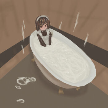 Rule 34 | 1boy, absurdres, apron, bathing, bathtub, blush, bodysuit, bodysuit under clothes, brown hair, claw foot bathtub, corner, cum, cum bath, cum on hair, cum pool, dress, highres, latex, latex bodysuit, latex dress, maid, maid apron, maid headdress, original, reina (pixiv84282445), short hair