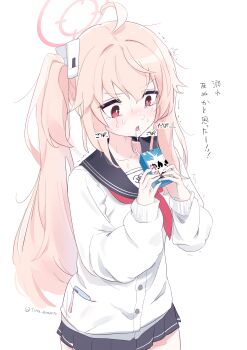 1girl absurdres blue_archive candy_moon777 commentary_request drinking_straw halo highres long_hair milk_carton natsu_(blue_archive) pink_hair sexually_suggestive side_ponytail simple_background skirt solo translation_request white_background