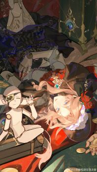 1girl absurdres aqua_gemstone ascot bella_(silver_and_blood) black_capelet black_dress black_ribbon blue_eyes bonnet bow breasts brooch capelet chinese_commentary closed_mouth coin cowboy_shot curtained_hair curtains disembodied_eye doll_joints dress dress_bow expressionless extra_arms flower gem gold_coin hand_on_own_stomach hat hat_flower highres jewelry joints lace_trim long_hair looking_at_viewer lying marionette medium_breasts nail_polish on_back parted_bangs puppet puppet_strings red_ascot red_bow red_flower red_nails red_rose ribbon rose ruanxiao silver_and_blood solo striped_clothes striped_dress suitcase upside-down vertical-striped_clothes vertical-striped_dress