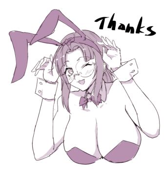 Rule 34 | animal ears, bow, bowtie, breasts, cleavage, commentary, fio germi, glasses, madsensei, metal slug, monochrome, playboy bunny, rabbit ears, round eyewear, smile, solo, symbol-only commentary, white background