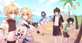 3boys 3girls abs absurdres aether_(genshin_impact) ahoge alternate_costume anemo_slime_(genshin_impact) antenna_hair ball bare_shoulders beach bird blonde_hair blue_sky blunt_bangs blurry blurry_background braid brother_and_sister brown_hair brown_shorts c520gpss closed_eyes cloud cloudy_sky collarbone contemporary crop_top depth_of_field electro_slime_(genshin_impact) fingerless_gloves flower friends from_side full_body genshin_impact geo_slime_(genshin_impact) gloves gradient_hair green_eyes green_hair hair_between_eyes hair_flower hair_ornament hair_ribbon halo head_tilt headpiece highres holding huge_ahoge long_braid long_hair low_ponytail lumine_(genshin_impact) mole mole_under_eye multicolored_hair multiple_boys multiple_girls mutant_electro_slime_(genshin_impact) navel ocean off_shoulder open_clothes open_mouth open_shirt outdoors paimon_(genshin_impact) playing_games ponytail pulling_another&#039;s_clothes purple_eyes purple_hair pyro_slime_(genshin_impact) raiden_shogun ribbon sand short_hair short_sleeves shorts siblings single_braid sky slime_(genshin_impact) standing standing_on_one_leg stomach sweatdrop swimsuit twins upper_body venti_(genshin_impact) volleyball water yellow_eyes zhongli_(genshin_impact)