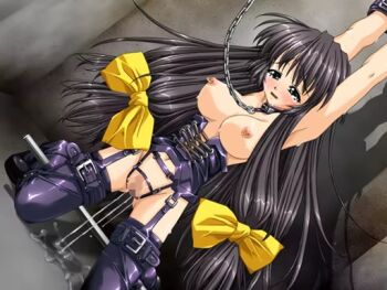 1girl armpits arms_up bdsm black_hair black_thighhighs bondage bondage_outfit bound bound_ankles breasts breasts_apart bush censored chain chain_leash collar corset cuffs female_focus game_cg garter_straps green_eyes hair_ornament hair_ribbon indoors kneeling leash long_hair mosaic_censoring navel nipple_piercing nipple_rings nipples open_mouth parted_lips piercing pussy pussy_juice ribbon saliva spreader_bar strap sumisumi tears thighhighs touchable twilight_dual wrist_cuffs