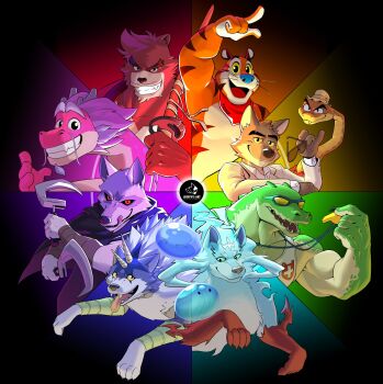 1other 6+boys asumono_krom bakemono_no_ko bear_boy color_wheel_challenge commentary crocodile_boy death_(puss_in_boots) dragon_boy dreamworks english_commentary feru_(tonsuki) furry furry_male highres kellogg&#039;s kumatetsu league_of_legends long_(wish_dragon) looking_at_another looking_at_viewer mr._snake mr._wolf multiple_boys multiple_drawing_challenge pool_party_renekton puss_in_boots:_the_last_wish ranga_(tensura) renekton rimuru_tempest_(slime) shrek_(series) slime_(creature) snake_boy sui_(tonsuki) tensei_shitara_slime_datta_ken the_bad_guys_(movie) tiger_boy tondemo_skill_de_isekai_hourou_meshi tony_the_tiger wish_dragon wolf_boy