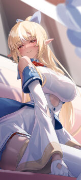 Rule 34 | 1girl, absurdres, bare shoulders, blonde hair, blurry, blurry background, bow, clothing cutout, commentary, cowboy shot, dark-skinned female, dark elf, dark skin, depth of field, detached sleeves, elf, english commentary, from below, gloves, hair bow, highres, hololive, light blush, light smile, long hair, long sleeves, looking at viewer, looking down, mintea (minteashake), multicolored hair, orange eyes, pointy ears, ponytail, red ribbon, ribbon, shiranui flare, shiranui flare (1st costume), sidelocks, single hair streak, sitting, skirt, sleeve bow, solo, stomach cutout, streaked hair, thighhighs, virtual youtuber, white bow, white gloves, white skirt, white sleeves, white streaks, white thighhighs, wide sleeves, zettai ryouiki