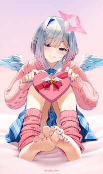 Rule 34 | 1girl, alternate costume, amane kanata, angel wings, barefoot, bed sheet, blue bow, blue bowtie, blue hair, blue nails, blue skirt, blue wings, bob cut, bow, bowtie, box, cable knit, cardigan, casino (casinoep), collared shirt, colored inner hair, commentary request, feathered wings, feet, foot focus, full body, gift, gradient wings, grey hair, grin, hair over one eye, halo, heart-shaped box, highres, holding, holding gift, hololive, knees up, leg warmers, mini wings, miniskirt, multicolored hair, multicolored wings, nail polish, paid reward available, pink cardigan, pink leg warmers, pink streaks, plaid clothes, plaid skirt, pleated skirt, purple eyes, ribbed leg warmers, shirt, short hair, single hair intake, sitting, skirt, smile, soles, solo, star halo, tilted halo, toes, virtual youtuber, white shirt, wings