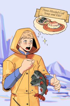 1boy brown_hair cod crossover dredge_(video_game) dungeon_meshi excited extracheesehead fish fishing_line food_name highres hood hood_up laios_touden long_sleeves male_focus multiple_heads open_mouth raincoat short_hair solo sparkle speech_bubble spoken_food thought_bubble upper_body yellow_raincoat