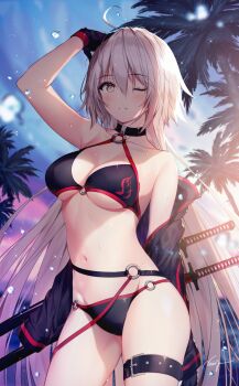 Rule 34 | 1girl, ahoge, arm behind back, arm up, armpits, backlighting, bare arms, bare shoulders, belt, bikini, black bikini, black gloves, blue sky, blurry, breasts, brown eyes, cleavage, cloud, collarbone, commentary request, cowboy shot, depth of field, fate/grand order, fate (series), female focus, gloves, hair between eyes, halterneck, hand on own head, highres, jeanne d'arc (fate), jeanne d'arc alter (fate), jeanne d'arc alter (swimsuit berserker) (fate), large breasts, leg belt, long hair, long sleeves, looking at viewer, navel, necomi, o-ring, o-ring belt, o-ring bikini, off shoulder, one eye closed, outdoors, palm tree, parted lips, sheath, sheathed, shrug (clothing), signature, silver hair, sky, smile, solo, sparkle, standing, stomach, string bikini, sunset, swimsuit, thigh strap, thighs, tree, very long hair, water drop, weapon, weapon on back, wet, wet hair
