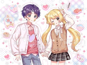 1boy 1girl ;p arm_up artist_name black_skirt blonde_hair blue_pants blush brown_eyes brown_sweater_vest buttons cardigan closed_mouth cowboy_shot heart heart_print holding_hands long_hair long_sleeves looking_at_viewer miniskirt monu_xialuote one_eye_closed open_cardigan open_clothes open_mouth original pants parted_bangs pink_cardigan pink_eyes plaid_clothes plaid_skirt print_shirt purple_hair red_shirt shirt short_hair skirt sweater_vest tongue tongue_out twintails v watermark white_shirt