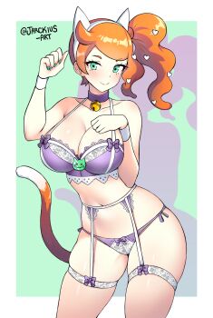 1girl animal_ears bell bow bow_panties breasts cat_girl cat_ornament cat_tail choker cleavage closed_mouth collarbone cowboy_shot drop_shadow fake_animal_ears garter_belt garter_straps green_eyes green_nails hair_ornament heart heart_hair_ornament highres jarckius lace_trim large_breasts leotard lingerie long_hair looking_at_viewer nail_polish navel neck_bell nintendo orange_hair panties paw_pose pokemon pokemon_swsh side-tie_panties side_ponytail simple_background smile solo sonia_(pokemon) swept_bangs tail thighs underwear wavy_hair wrist_cuffs