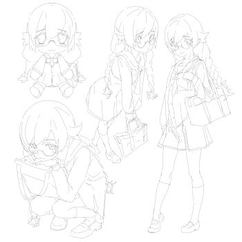 1girl :< :3 absurdres arm_at_side bag bag_on_lap bare_legs braid collarbone from_above from_side full_body fumo_(doll) hair_flaps hands_up head_rest heel_up high-waist_skirt highres holding holding_bag leaning_forward loafers long_hair low_twin_braids monogatari_(series) multiple_views nanahyakuichi_middle_school_uniform neckerchief no_pupils oshino_shinobu pigeon-toed pointy_ears ringed_eyes sailor_collar sailor_shirt school_uniform shirt shishirui_san shoes shoulder_bag sidelocks simple_background sitting skirt smile socks squatting suspender_skirt suspenders twin_braids v_arms very_long_hair walking white_background